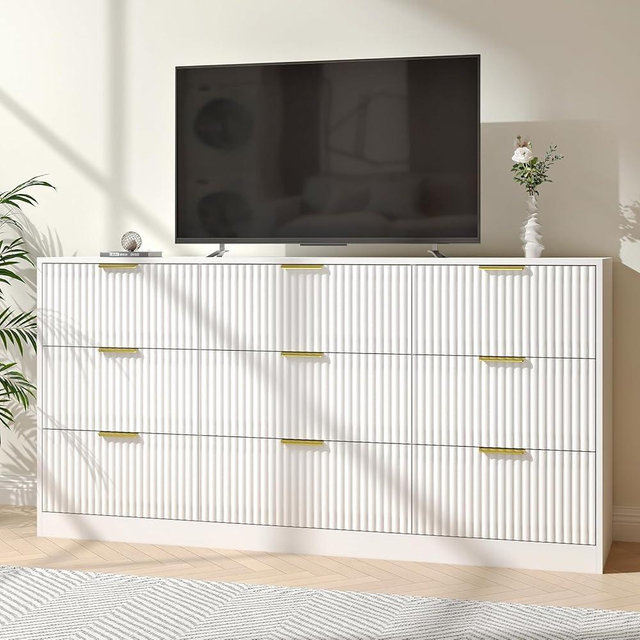 NOVAMAISON Dresser for Bedroom with 9 Drawer, 63” Wide White Dresser Modern Chest of Drawers with Metal Handle, Wooden TV Stand Storage Organizer for Bedroom, Living Room, White