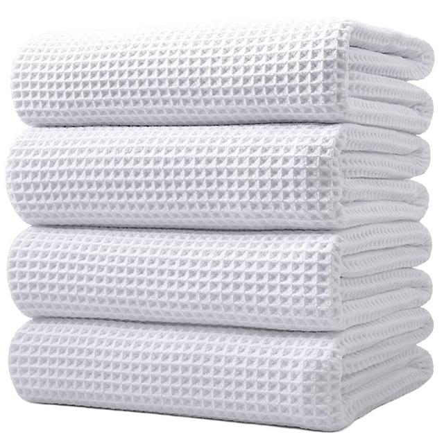 POLYTE Microfiber Oversize Quick Dry Lint Free Bath Towel, 60 x 30 in, 4 Pack (White, Waffle Weave)