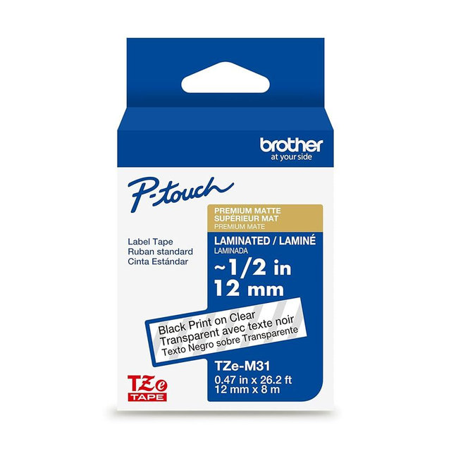 Brother P-Touch TZe-M31 Black Print on Premium Matte Clear Laminated Tape 12mm (0.47”) Wide x 8m (26.2’) Long, TZEM31