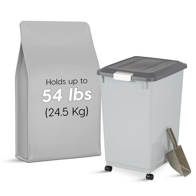 IRIS USA Dog Food Storage Container with Wheels, Airtight Lid, 2-Cup Scoop, Up to 54 Pounds Pet Food Storage, Built in Scoop Storage in Lid, Versatile Pet Food Bin, Portable, BPA Free, Gray/Dark Gray