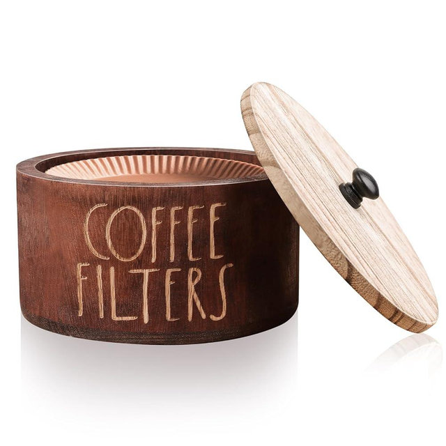 MINCORD Brown Coffee Filter Holder, Rustic Wood Coffee Filter Storage Organizer Container with Lid, Farmhouse Coffee Filter Dispenser Basket Countertop for Coffee Bar Accessories Decor