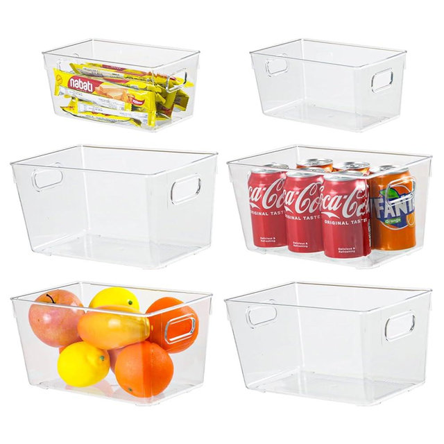 ZEXALOR 6pcs Plastic Storage Bin 2-Size Clear Storage Containers for Kitchen Pantry Organization and Storage Bins, Organizing Bins with Built in Handles, Cabinet Organizers, Clear
