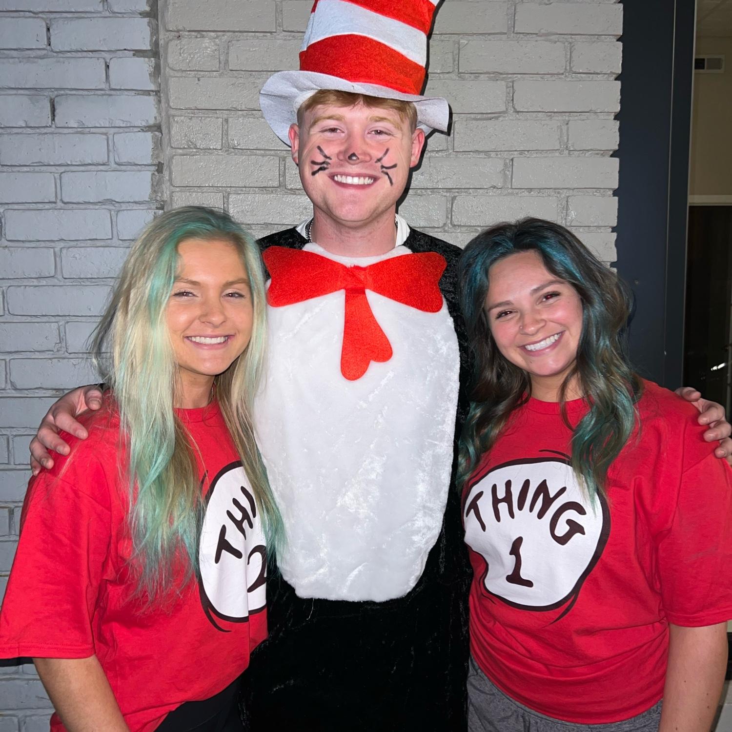 ATO fraternity halloween party as The Cat in the Hat and Things 1 and 2 with our friend Lauren, but just as friends