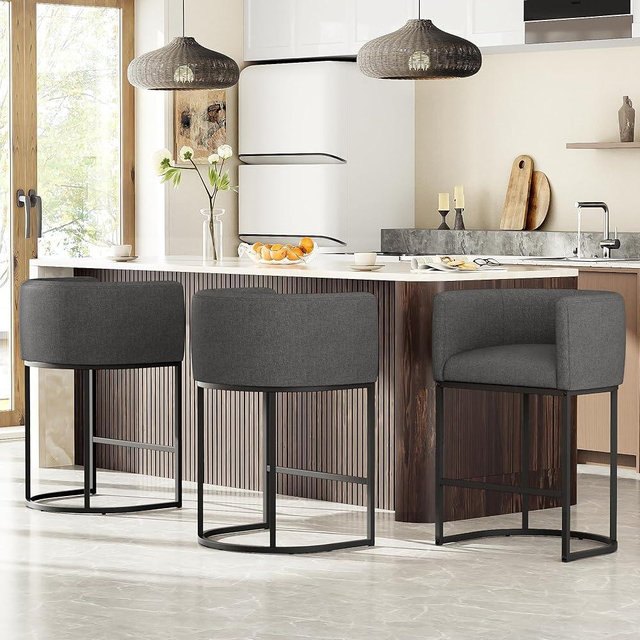 VATROS 26" H Counter Height Bar Stools Set of 3, Modern Barrel Counter Stools with Backrest and Arms, Linen Fabric Upholstered Accent Barstools for Kitchen Island,Support 450 LBS (Carbon Black)