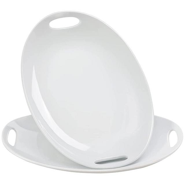 Buyajuju Porcelain Serving Platter with Handles, 14" serving dishes for entertaining, Oval Serving tray for Salad, Stew, Fruits and Pasta, Set of 2, White