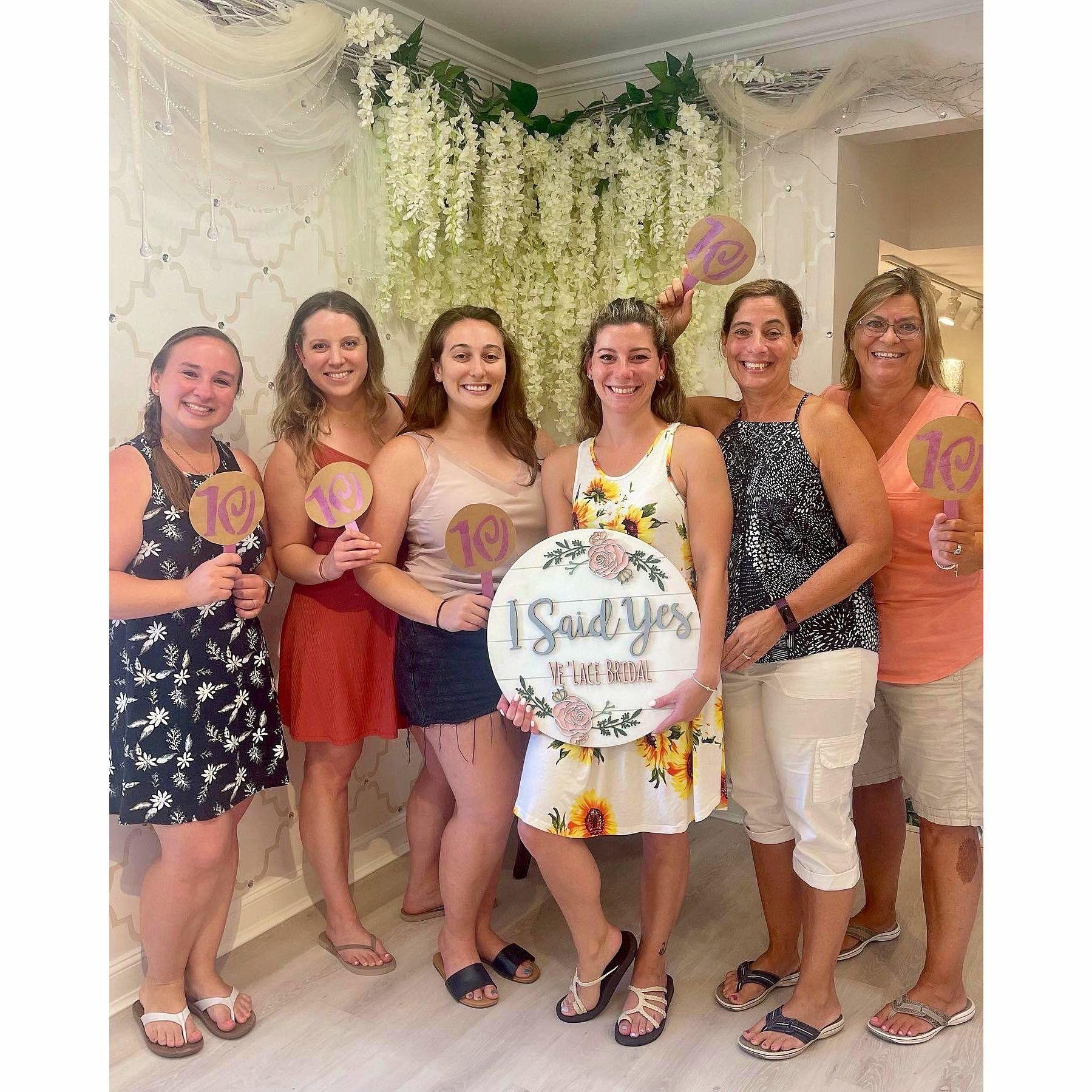 Big day saying "Yes to the Dress!" From left to right: Nicole (MOH), Emily (MOH), Amanda (Bridesmaid & Lisa's sister-in-law), Lisa, Lisa'd mom Debi, and Lisa's Aunt Cathie
