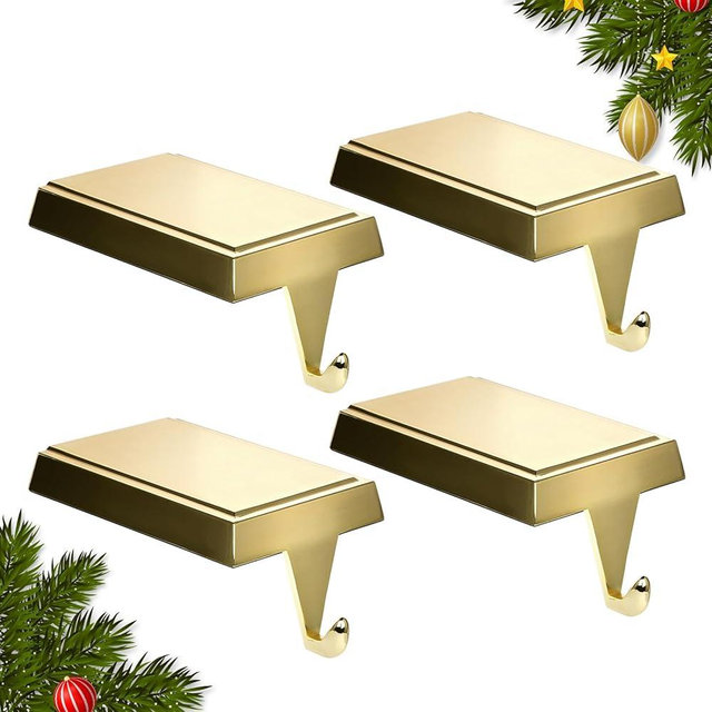 SINTENILL Christmas Stocking Holders for Mantle Set of 4, Heavy Weighted Metal Stocking Holders Hangers Low Profile Stocking Hooks Bases for Fireplace Table Xmas Holiday Party Decoration, Gold