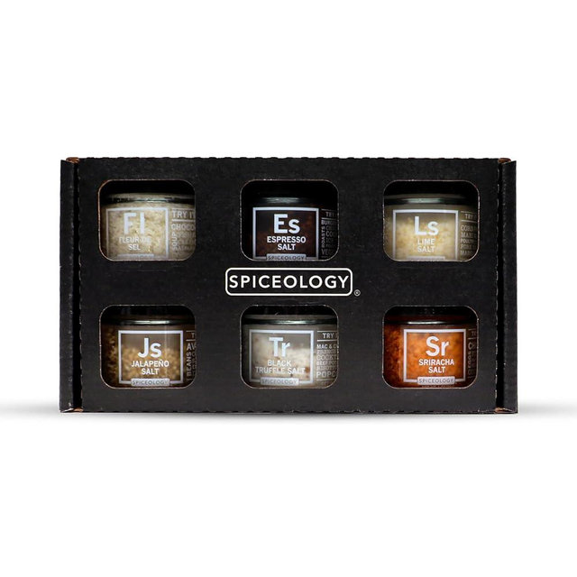 Spiceology - Gourmet Luxe Infused Salt Sampler Gift Set - Set of 6 - Flavors Include: Fleur de Sel, Espresso, Lime, Jalapeno, Black Truffle, Sriracha