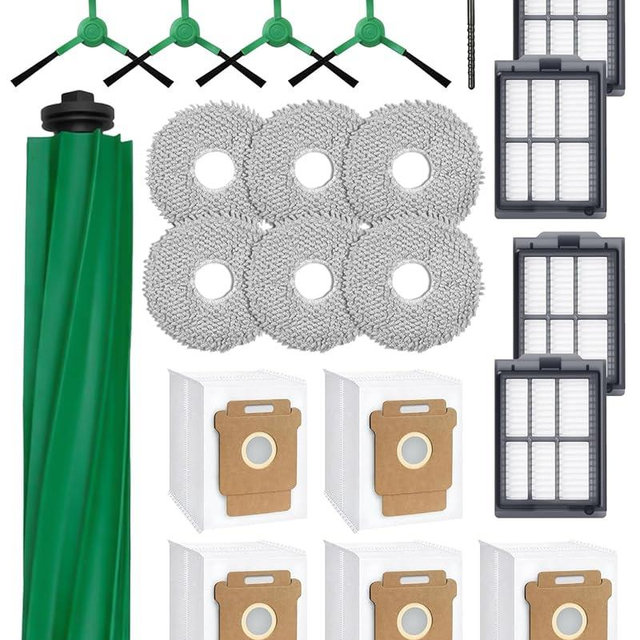 iRobacc 21 Pcs Replacement Parts for iRobot Roomba Plus 405/505/507 Combo Robot Vacuum Cleaner: 1 Main Brush, 4 Side Brushes, 4 HEPA Filters, 5 Dust Bags, 6 Mop Pads, 1 Cleaning Brush