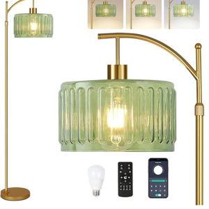 Glass Floor Lamp for Living Room,Bedroom,Gold Mid Century Modern Standing Lamp with Remote,Dimmable Brass Tall Lamp Vintage Retro Green Arc Flower Floor Light Boho Bohemian