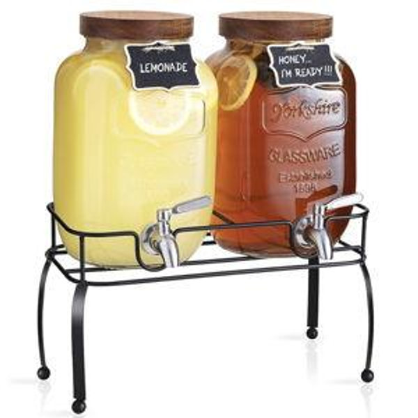 mustry Glass Drink Dispenser for Parties, 1 Gallon Beverage Dispenser with Stand and Spigot Solid Stainless Steel, Used as Lemonade Dispenser Jar, Set of 2