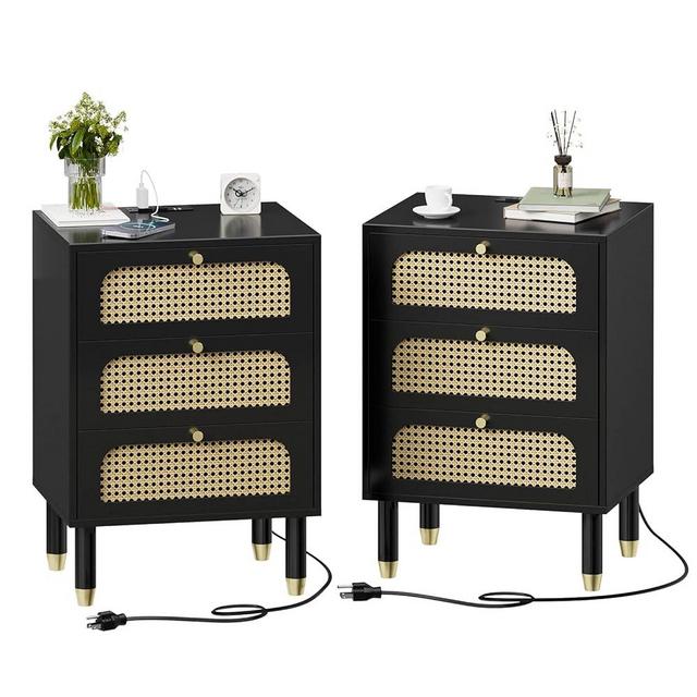VINGLI Rattan Nightstand Set of 2 with Charging Station, 27" Tall Black Nightstand with 3 Drawers for Bedroom, Boho Mid Century Modern End Table/Side Table/Bedside Table (Black, 2 Pack)