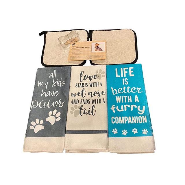 Holly Lines Tea Towels Pot Holders Cookie Cutter and Dog Bone Recipe in Bundle, Funny Kitchen Towels Set with Pot Holders Dog Bone Cookie Cutter and Dog Bone Recipe
