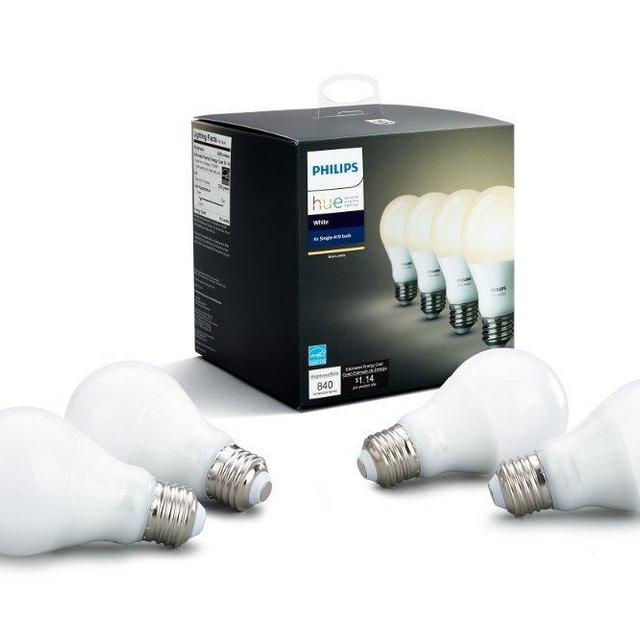 Philips Hue White A19 4-Pack 60W Equivalent Dimmable LED Smart Bulbs (4 White Bulbs, Compatible with Alexa, HomeKit & Google Assistant, Hub Required)