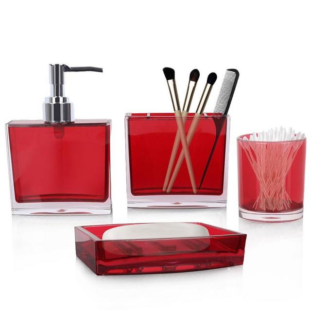 Bathroom Accessories Set Complete, 4 Piece Premium Acrylic Bathroom Accessory Set,Hand Sanitizer Bottle Lotion Can Bathroom Suit Separate Bottle Soap Box Mouthwash Cup (Model 1-Red)