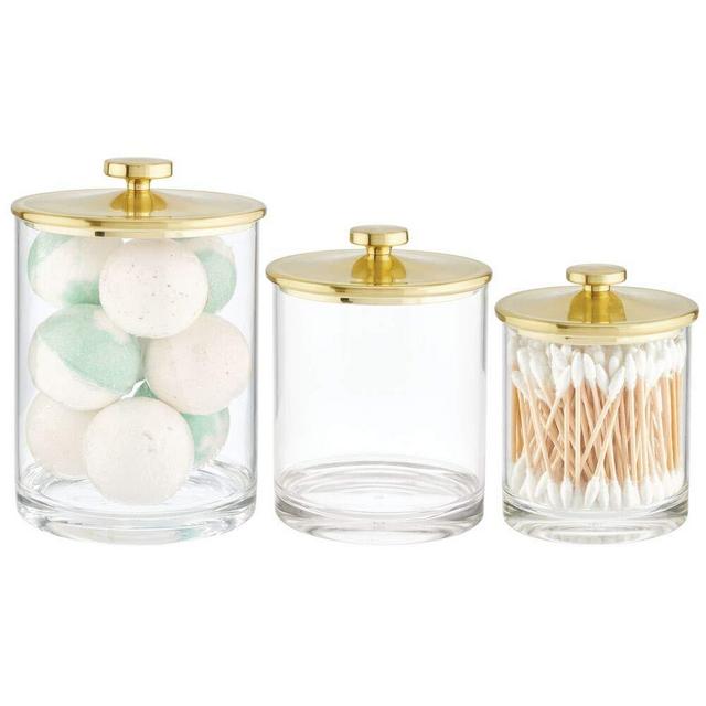 mDesign Modern Round Bathroom Vanity Countertop Storage Organizer Canister Jar Set for Cotton Swabs, Rounds, Balls, Makeup Sponges, Bath Salts, Set of 3, Small/Medium/Large - Soft Brass/Clear