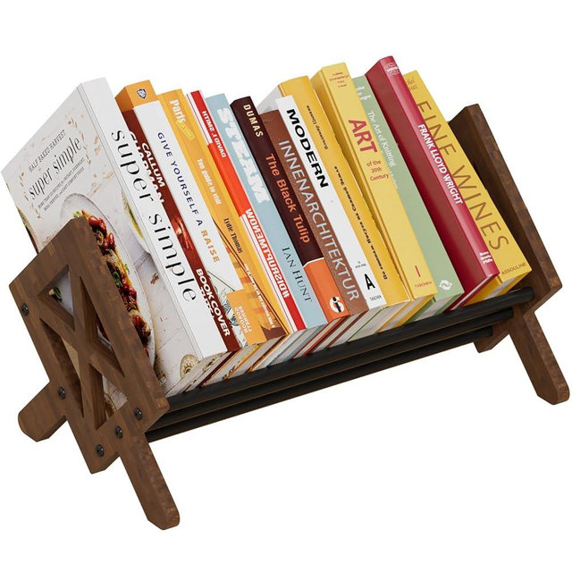 ART-GIFTREE Desktop Bookshelf Organizer, Wood Office Tabletop Book Storage Rack, Tilting Bookcase for Books/CDs/Magazine Display (Black)