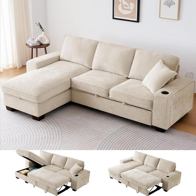 ASHOMELI 99" Convertible Sleeper Sofa Bed,L Shaped with Storage Chaise Pull Out Couch for Living Room,USB and Type-C,Removable Washable Chenille Covers (Beige)