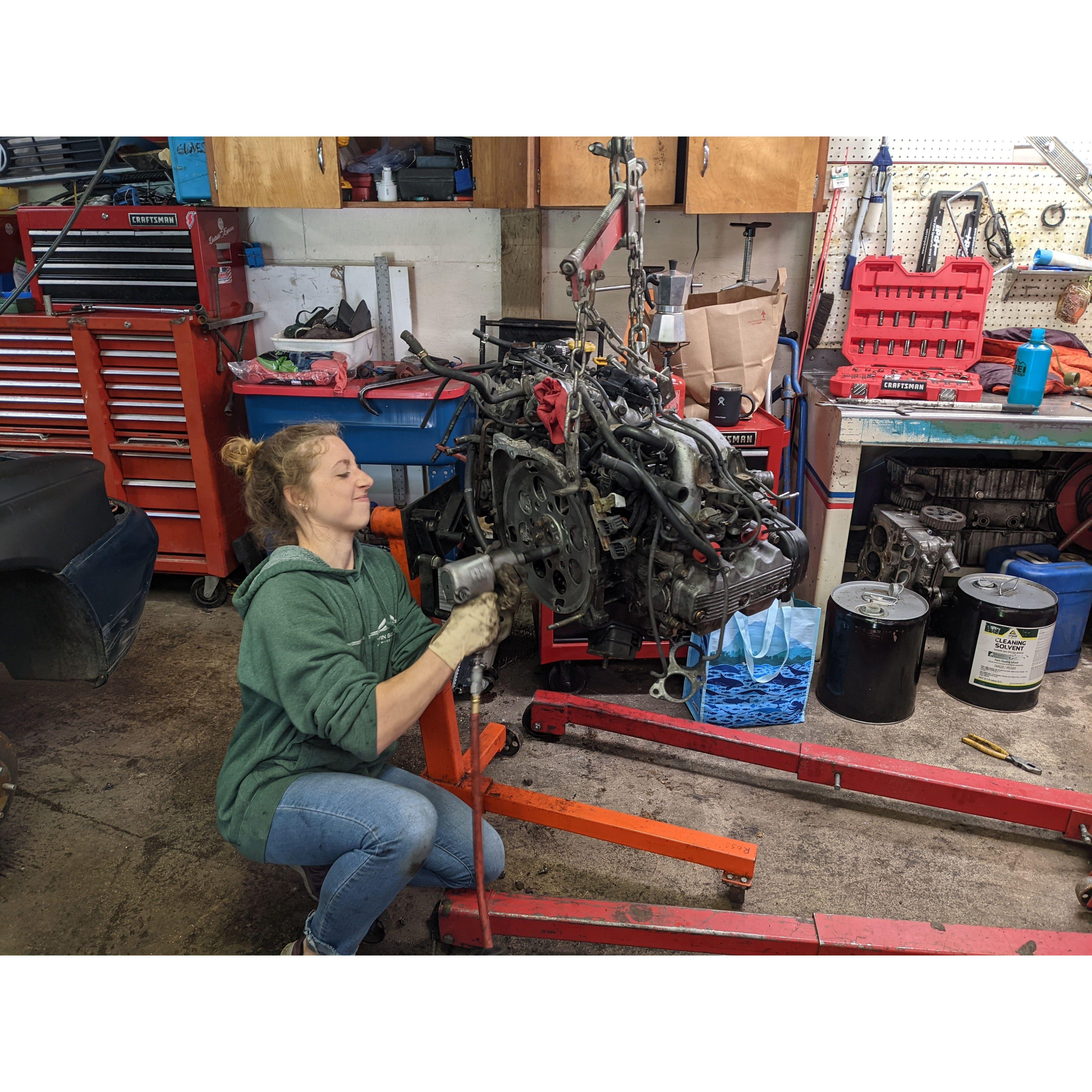Working in Dad's shop on the Subaru engine that eventually went in the Van.