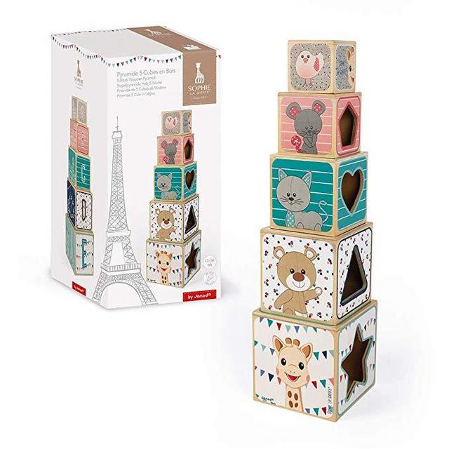 Janod Sophie La Girafe Collection - 5 pc Wooden Stacking and Nesting Blocks – 1,2,3, and A,B,C Pyramid Toy for Sorting and Motor Skills for Ages 12+ Months