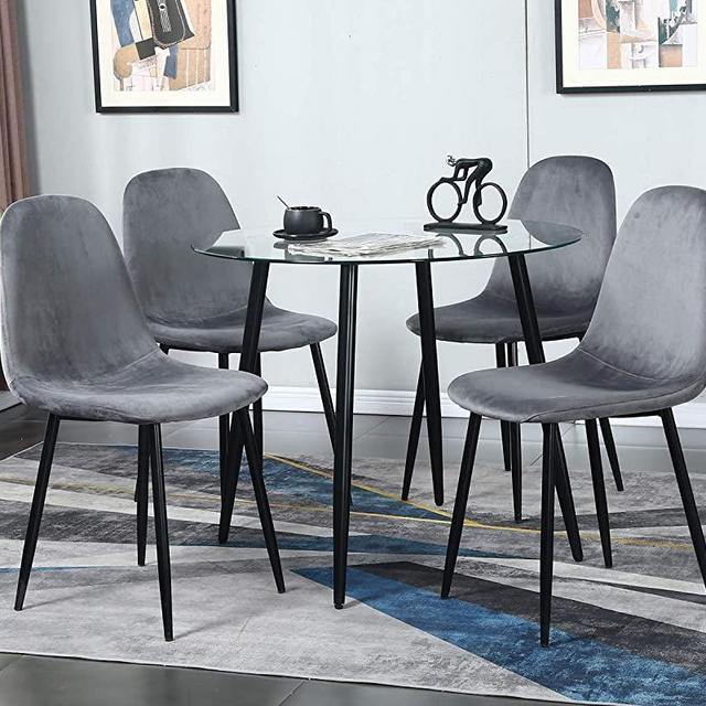 Dining Table Set Modern 5 Pieces Dining Room Set Mid Century Round Tempered Glass Kitchen Table and 4 Deep Grey Modern Velvet Fabric Upholstered Kitchen Chair with Metal Legs