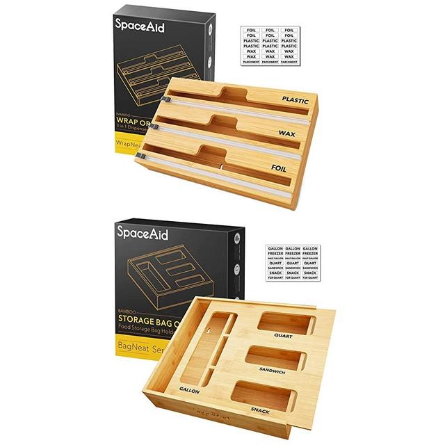 SpaceAid WrapNeat 3 in 1 Wrap Dispenser with Cutter and Labels, SpaceAid Bag Storage Organizer for Kitchen Drawer, (1 Box 4 Slots)