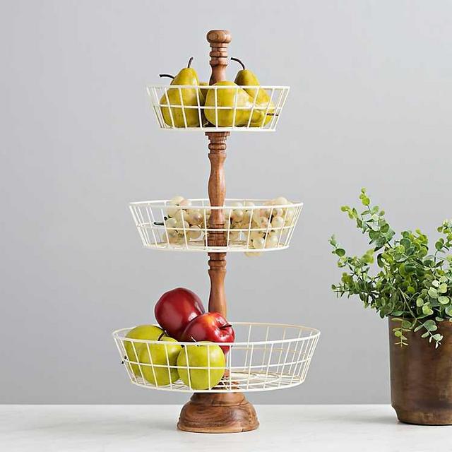 Cream Wooden 3-Tier Basket Tray