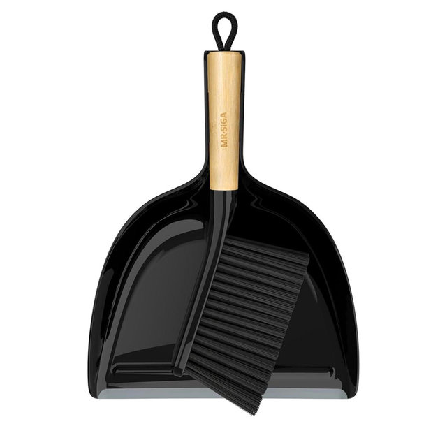 MR.SIGA Dustpan and Brush Set, Portable Cleaning Brush and Dustpan Combo with Bamboo Handle, Black, 1 Set