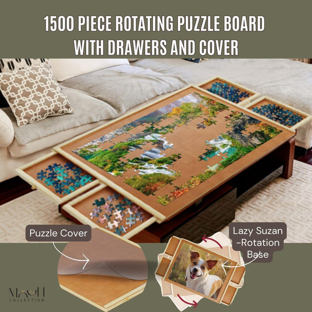 1500 Piece Rotating Puzzle Board with 4 Drawers & Cover,28"x35"Portable Rotating Wooden Jigsaw Puzzle Table for Adults,Birthday Gift for Her