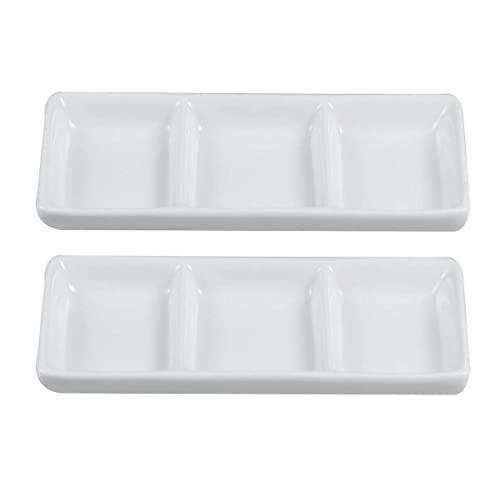 BESTONZON 2pcs White Ceramic Serving Platter 3 Compartment Appetizer Serving Tray Rectangular Divided Sauce Dishes for Restaurant Kitchen Spices Vinegar Nuts(15cm x 6.5cm/White)