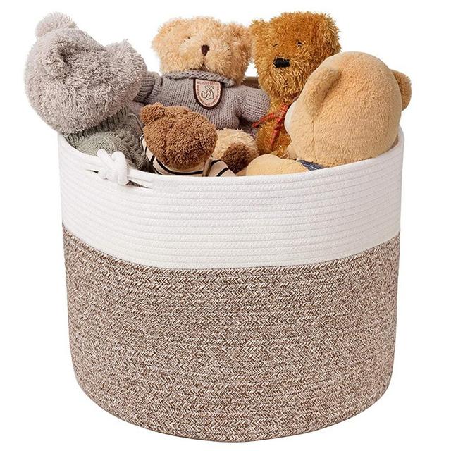 Goodpick Cotton Rope Basket with Handle for Baby Laundry Basket Toy Storage Blanket Storage Nursery Basket Soft Storage Bins-Natural Woven Basket, 15'' × 15'' × 14.2'', White & Brown