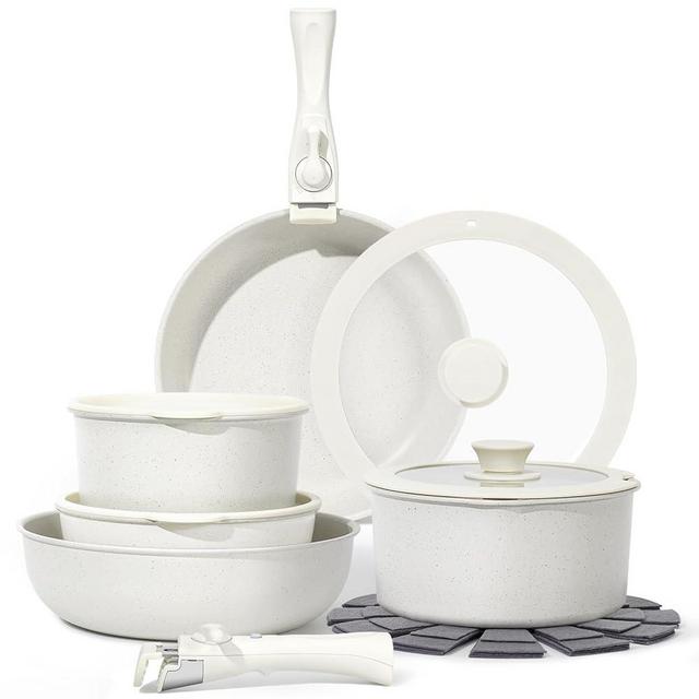 15pcs Pots and Pans Set Non Stick,Kitchen Cookware Set Detachable Handle, Induction Kitchen Cookware Sets Nonstick with Removable Handle, RV Cookware Set, Oven Safe (White)
