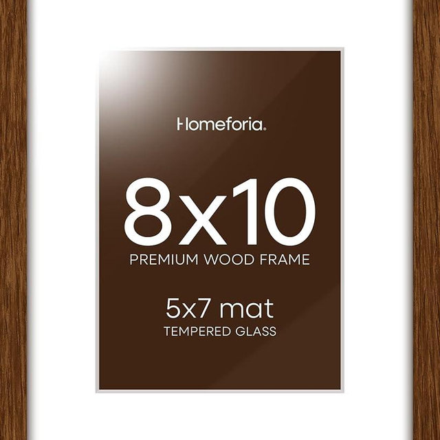 Homeforia 8x10 Picture Frame Brown, High End Dark Oak 8 x 10 Walnut Wooden Frames with Mat 5 by 7 Photo, 8x10 Wood Frame Matted to 5x7 Print, Wall or Tabletop Frame, Tempered Glass, Wall Kit, Set of 1