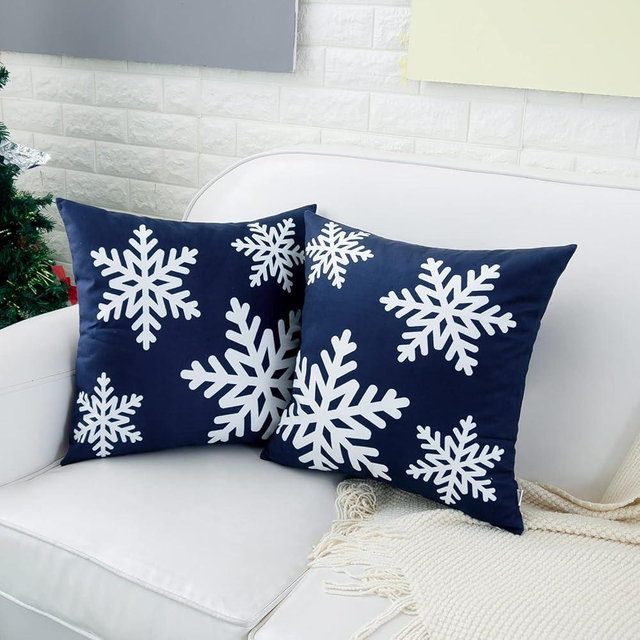 HWY 50 Navy Blue Decorative Throw Pillow Covers 16x16 Inch for Couch Sofa Living Room Bed, Soft Square Throw Pillows Cases Cushion Cover with Christmas Snowflakes Print Pack of 2