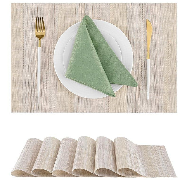 Leetaltree Lightsteel Beige with Yellow Placemats Set of 4 - Heat Resistant Non-Slip Place mats for Dining Table, Washable Durable PVC Vinyl Woven Table Mats (Lightsteel Beige with Yellow, 6)