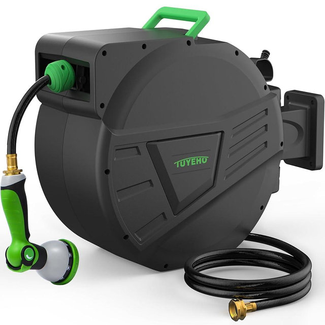 Tuyeho Retractable Garden Hose Reel 100FT, Wall Mount Heavy Duty Water Hose Reels with Automatic Slow Rewind System, Outdoor Hoses Reel with 2 Hose Nozzles for Garden Watering, Car Wash, Pet Shower
