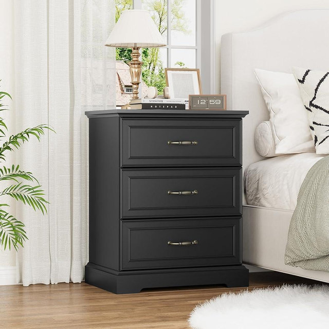 Thacuok 3 Drawer Dresser for Bedroom, 24" Wide Wooden Chest of Drawers, Rustic Farmhouse Dresser with Large Drawers & Metal Handles, Modern Storage Organizer for Closet, Living Room, Hallway, Black