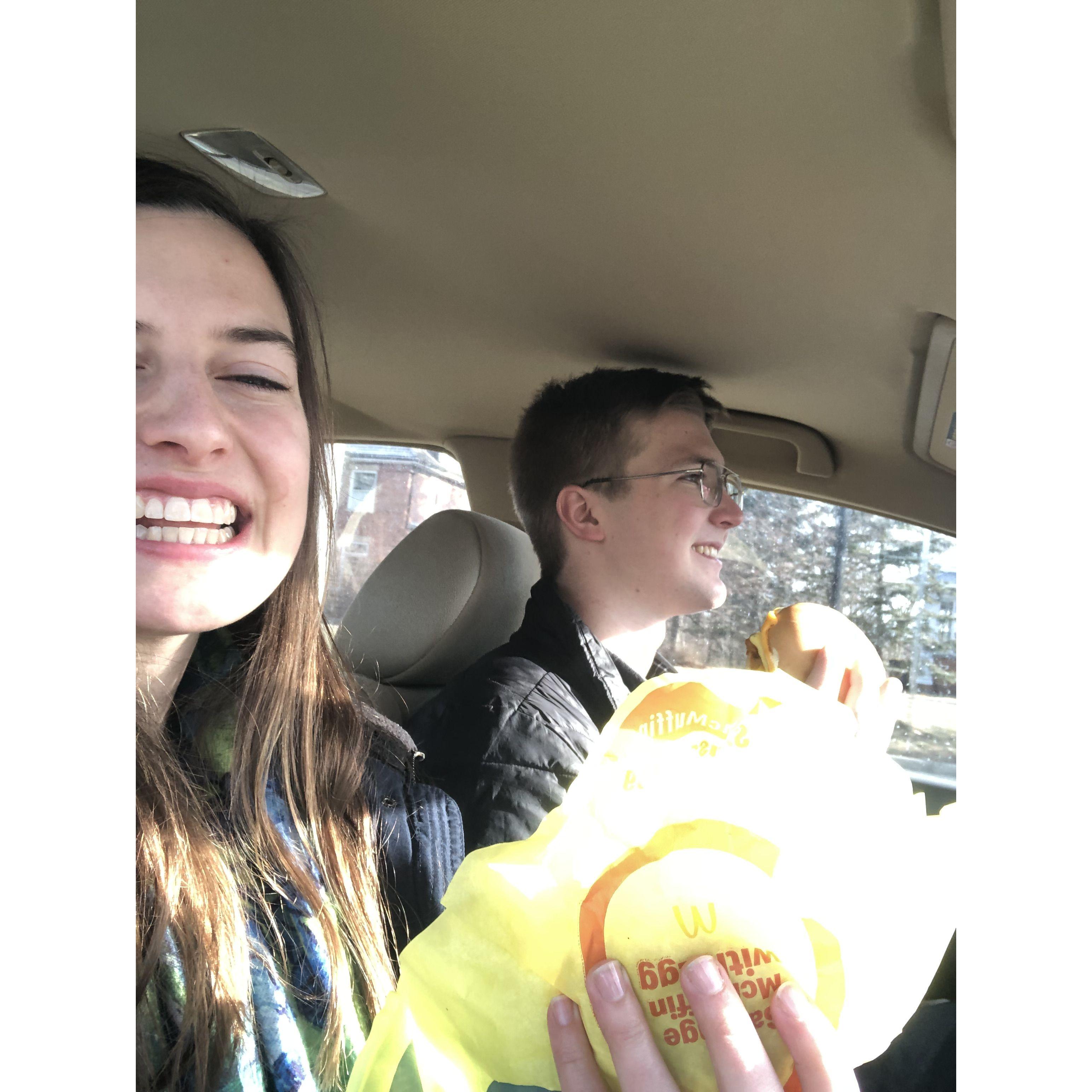 Lizzy and Peter road tripping to visit grandma the day after they got engaged (Lizzy very sneakily hid her ring in the picture)