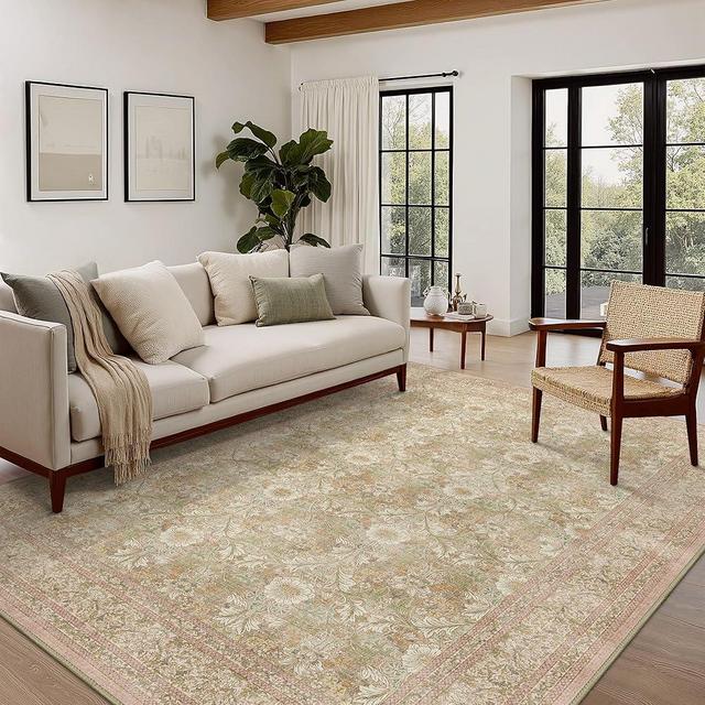 Bavni Vintage Floral Rugs 8x10, Washable Area Rug with Non Slip Backing, Low Pile for Living Room, Bedroom & Home Decor, Lightweight Carpet, Brown Pink
