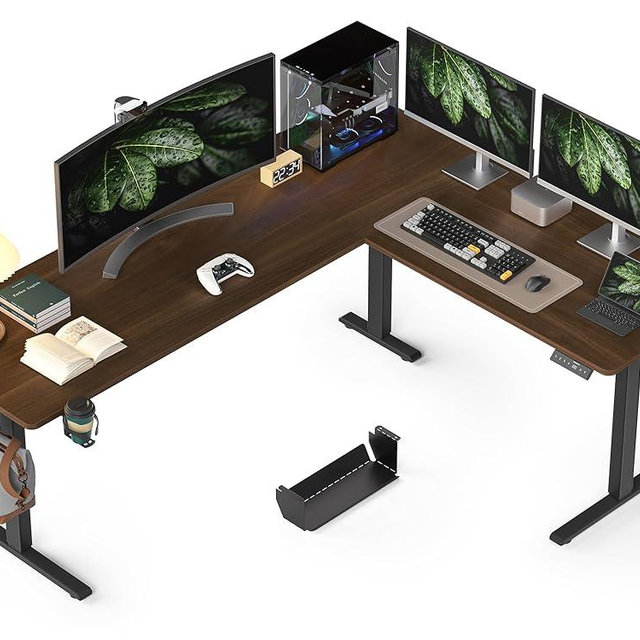 WALKINGDESK 75x61 Inches Reversible L Shaped Standing Desk Height Adjustable with Cup Holder, Electric Corner Computer Workstation for Home Office, Ergonomic Sit Stand up Gaming Desk, Black Walnut