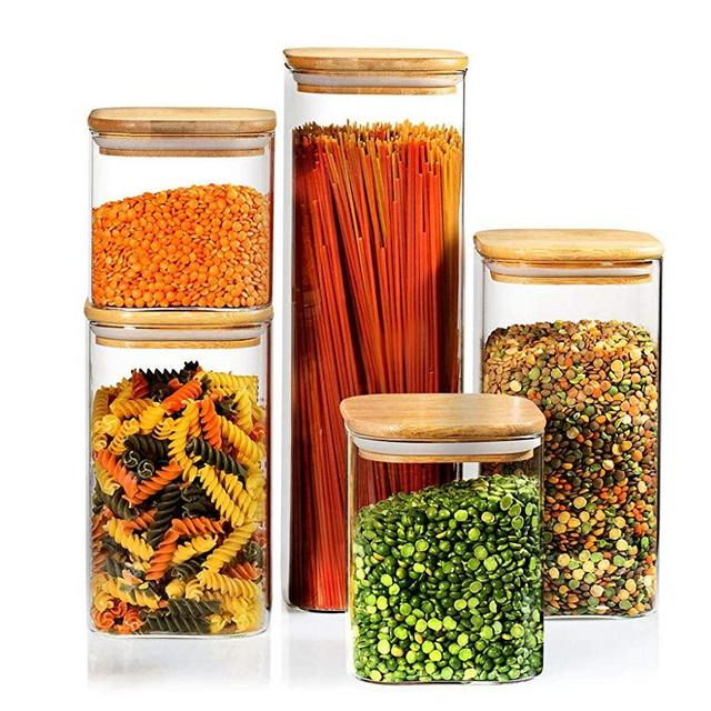 5 Square Canisters, Glass Kitchen Canister with Airtight Bamboo Lid, Glass Storage Jars for Kitchen, Bathroom and Pantry Organization Ideal for Flour, Sugar, Coffee, Candy, Snack & More