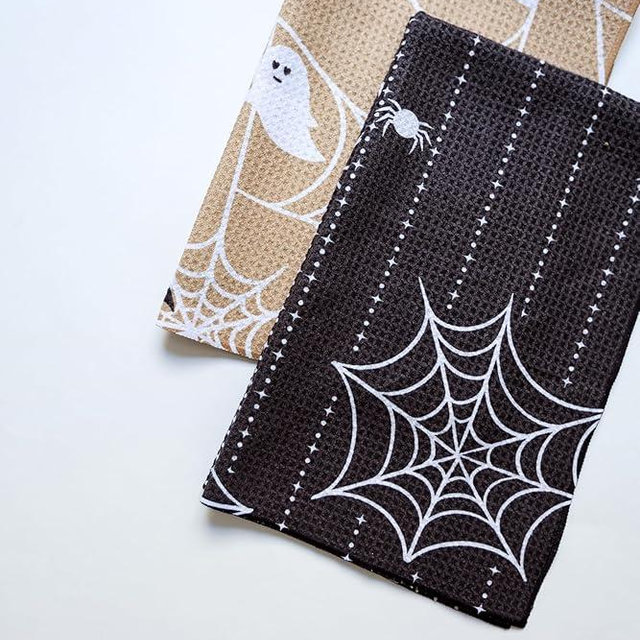 Trig Kitchen Towel. Tea Towel. Dish Cloth. Quick Dry Waffle Weave Microfiber. Highly Absorbent. Designer Prints. Modern. 2 Pack. (Spiders/Ghosts)