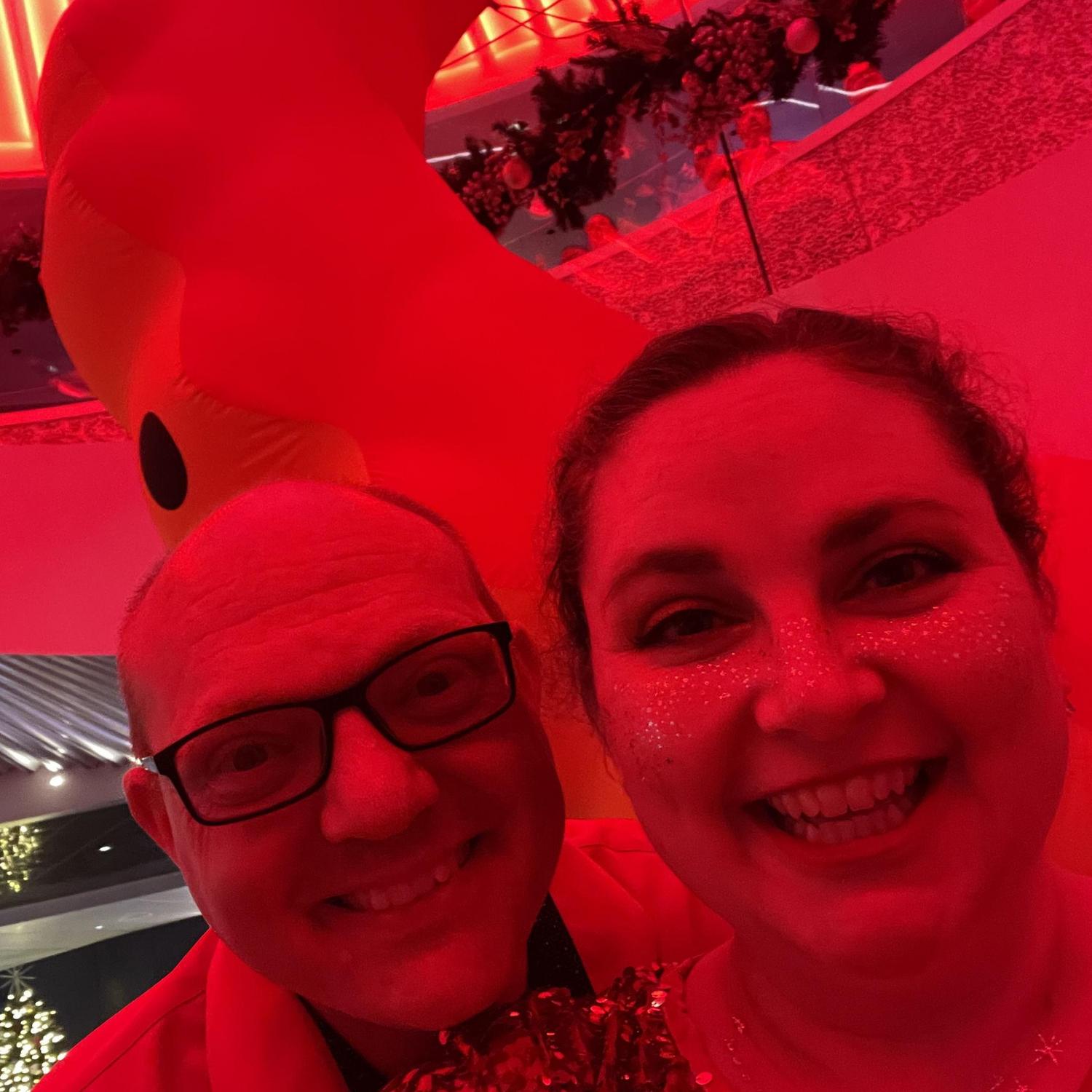 Scarlet Night on Virgin Voyages (Laura forgot to bring remover for her face sparkles - so they stayed on for the next few days until they wore off naturally)