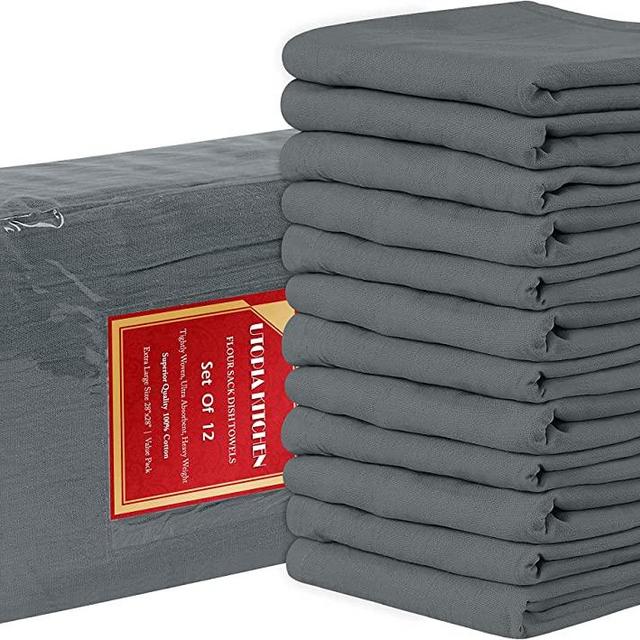 Utopia Kitchen Flour Sack Dish Towels, 12 Pack Cotton Kitchen Towels - 28 x 28 Inches (Light Grey)