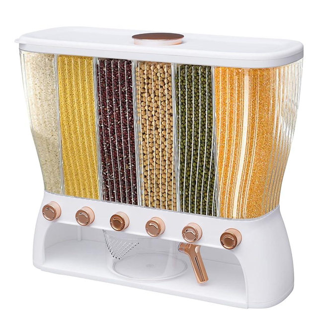GXFCHYL 6 Grids Grain Dispenser 22.05 Pounds Rice Dispenser Multi Cereal Dispenser Dry Food Dispenser Storage Containers for Store Flour, Sugar, Rice, Cereals, Nuts, Beans, Coffee (Clear, White, Gold)