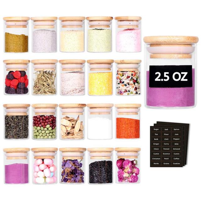 Tzerotone Spice Jar Set,2.5oz 20 Piece Glass Jar with Bamboo Airtight Lids and Labels, Mini Clear Food Storage Containers for pantry, kitchen canisters for Tea, Herbs, Sugar, Salt, Coffee
