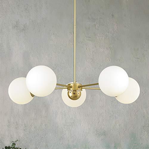 Qbaylan 5 Light Satin Brass Gold Mid Century Modern Globe Sputnik Ceiling Pendant Light Chandeliers, Lighting Fixture with Glass Shades for Living Dinning Room Foyer Bedroom Kitchen Island