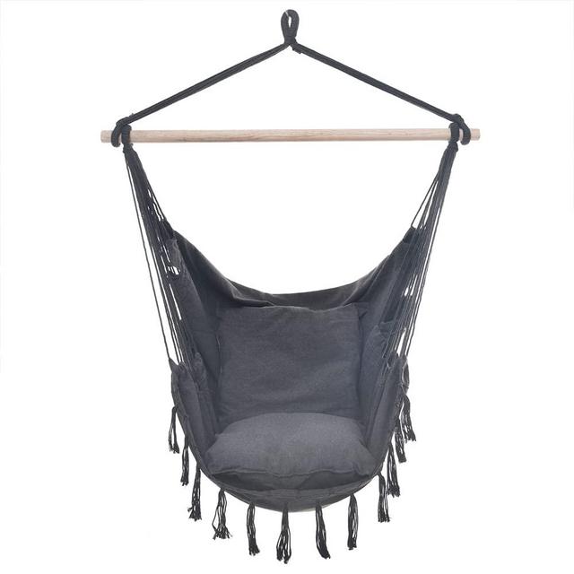 Voyagge Hammock Hanging Chair Macrame Hanging Chair for Porch and Balcony Cotton Ropes Swing Chair with Cushion and Hardware Kits (59 x 47 x 56 inches) Dark Grey