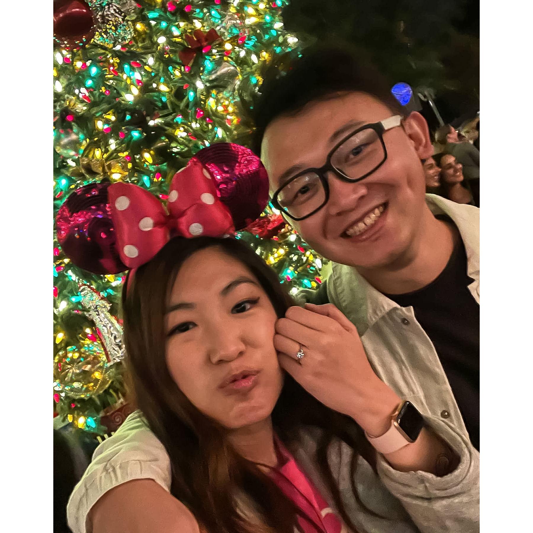Ryan surprised me with a "public proposal" underneath the Christmas tree in Disney Land ♡