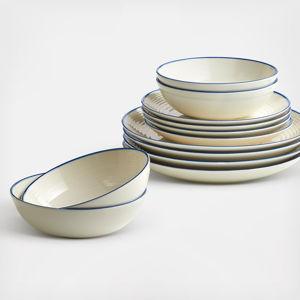 Maze 12-Piece Dinner Set - White With Denim Line